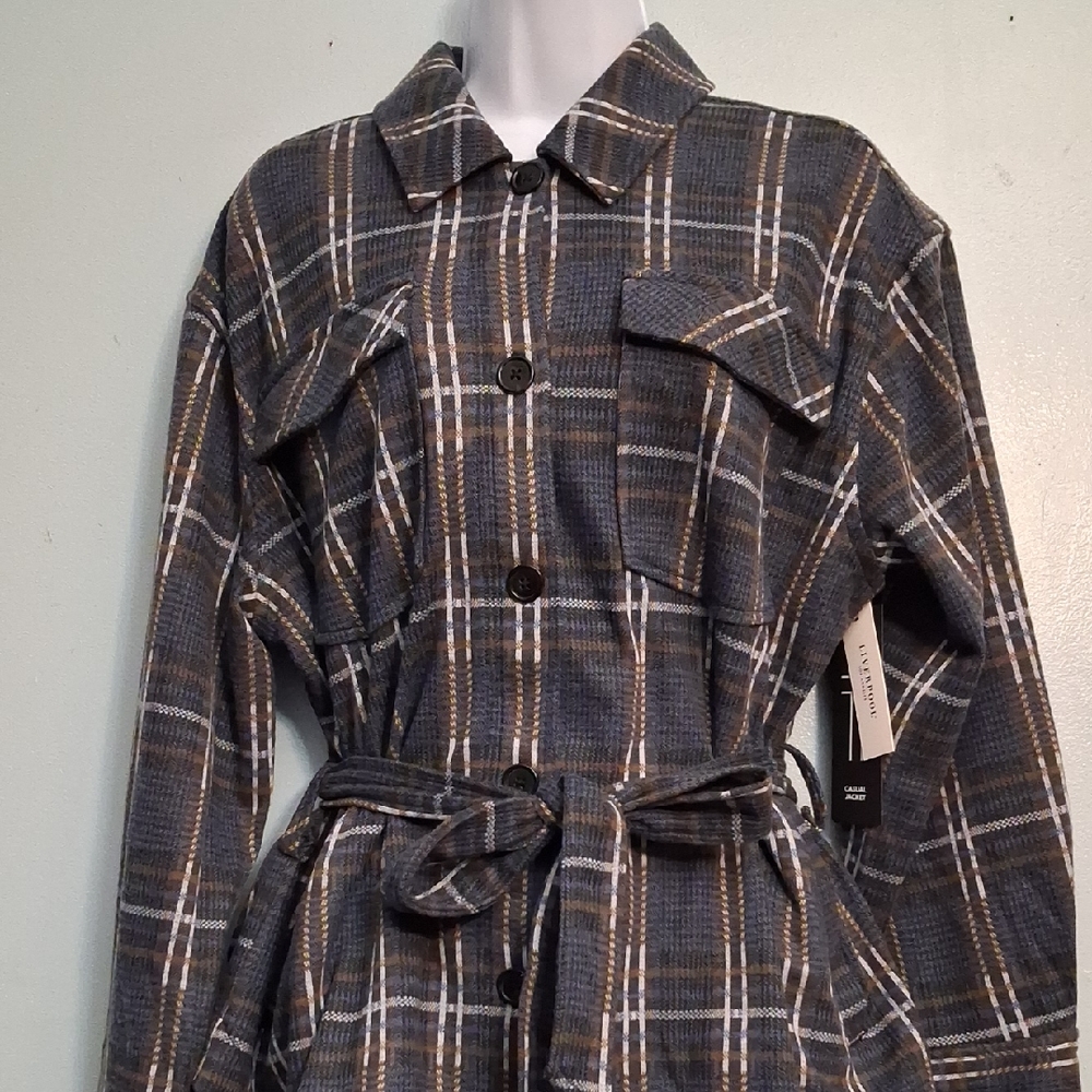 Liverpool size 1X women's blue,brown plaid casual jacket/shacket with belt.